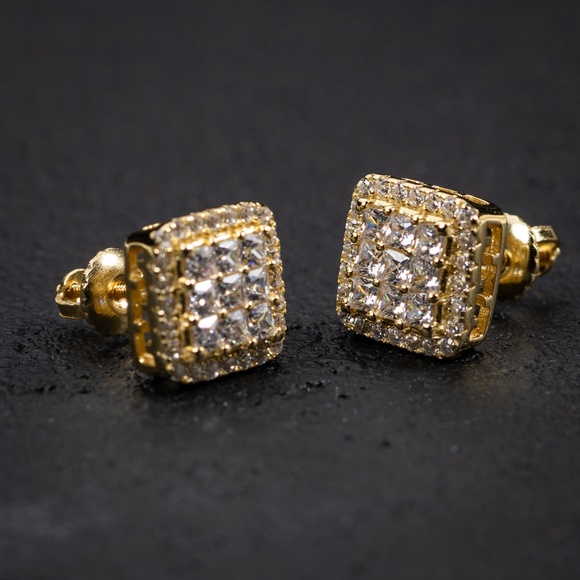 Mens 14K Gold Sterling Silver Screw Back 3D Square Princess Cut Stud Earrings - Picture 5 of 5